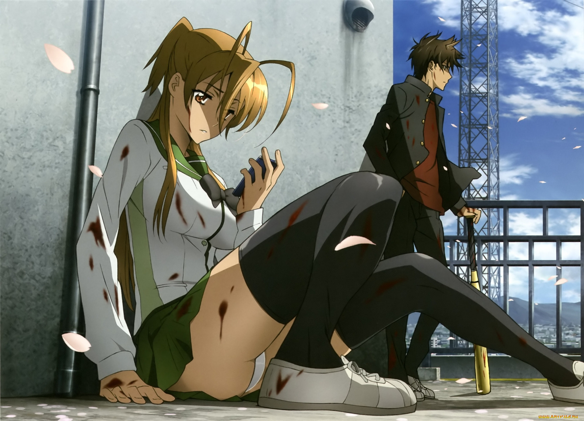 Обои Аниме Highschool of the Dead, обои для рабочего стола, фотографии аниме,  highschool of the dead, девушка, бита, кровь, школа, парень Обои для  рабочего стола, скачать обои картинки заставки на рабочий стол.